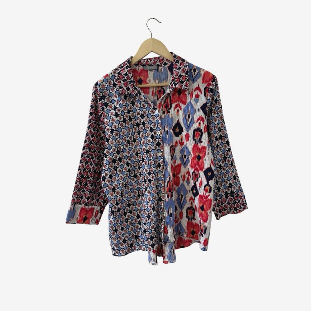 Habitat Large Shell Button Up Top Floral 3/4 Sleeve Cotton Stretch Womens